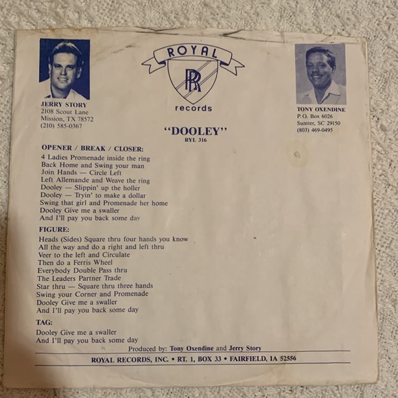 Rare Square Dance 45 “Dooley” Tony Oxendine Jerry Story Royal Records RYL 316 - Picture 4 of 7